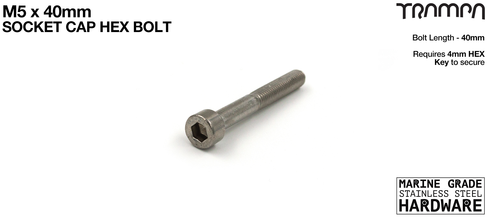M5 x 40mm Socket Capped Head Allen-Key Bolt ISO 4762 Marine Grade Stainless Steel 
