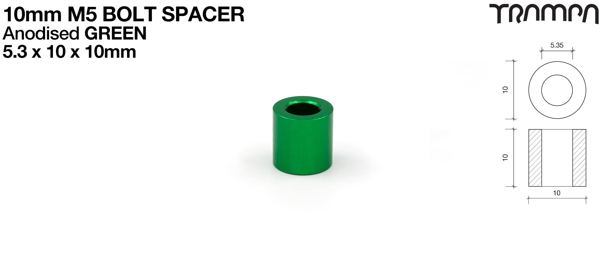 M5 x 10 x 10mm Spacer - Anodised GREEN