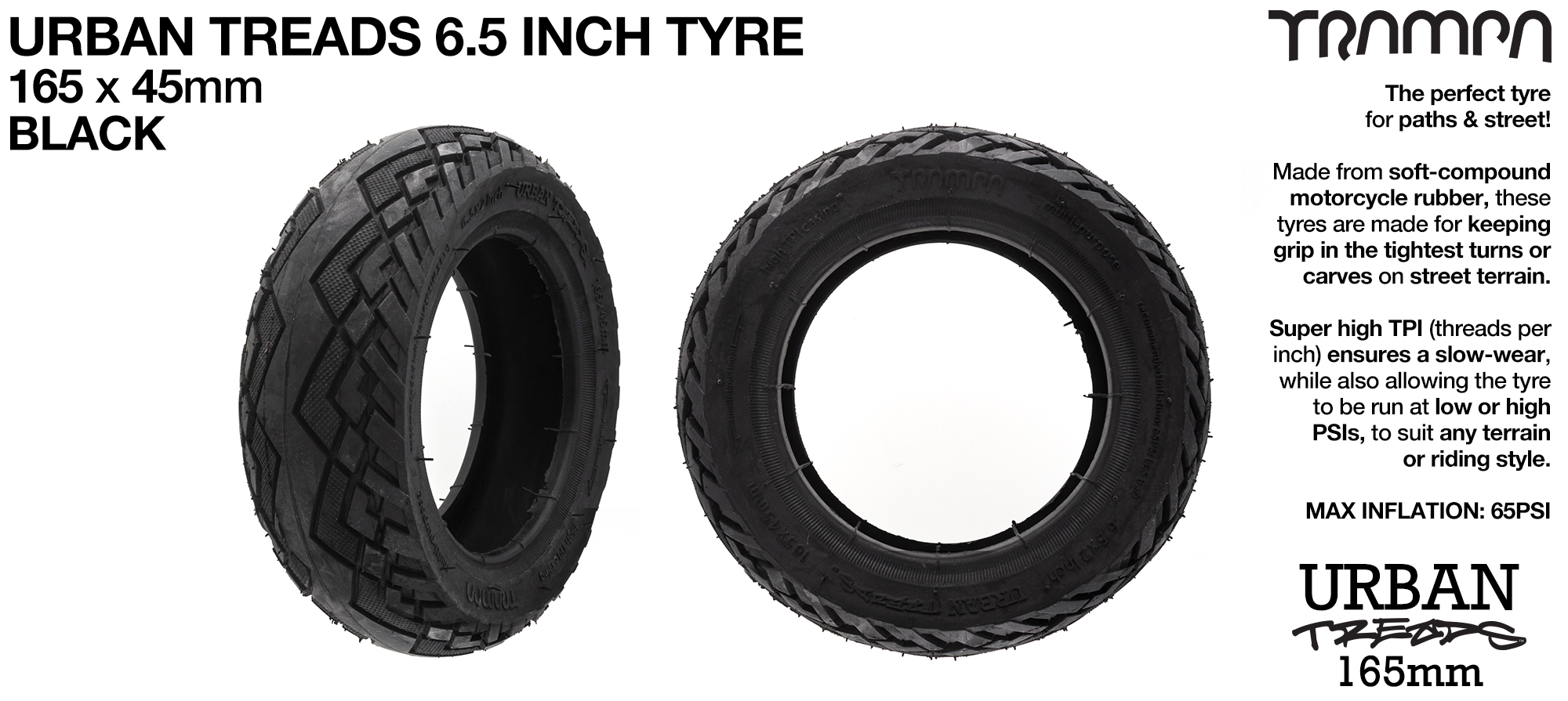 URBAN TREADS 6 Inch Tyre measures 3.75x 1.75x 6.5 Inch or 165x 45mm with 3.75 inch Rim & fits all 3.75 inch Hubs - BLACK