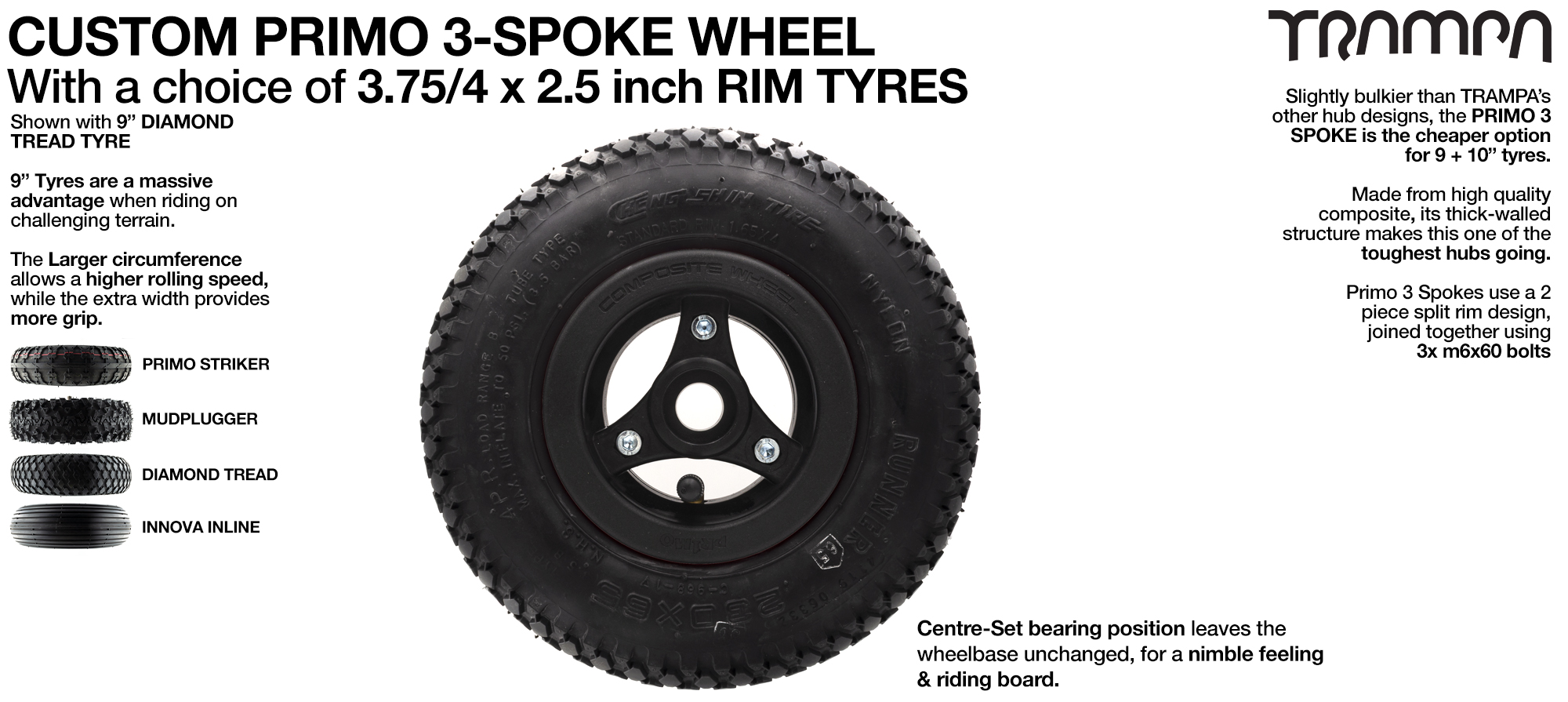 The PRIMO 3 Spoke Composite Hub fits all 3.75/4 rimmed tyres. (6-10 Inch) When fitted the tyres inflate to 2.5 Inch wide - PRIMO hubs are perfect for 9 & 10 inch tyres.