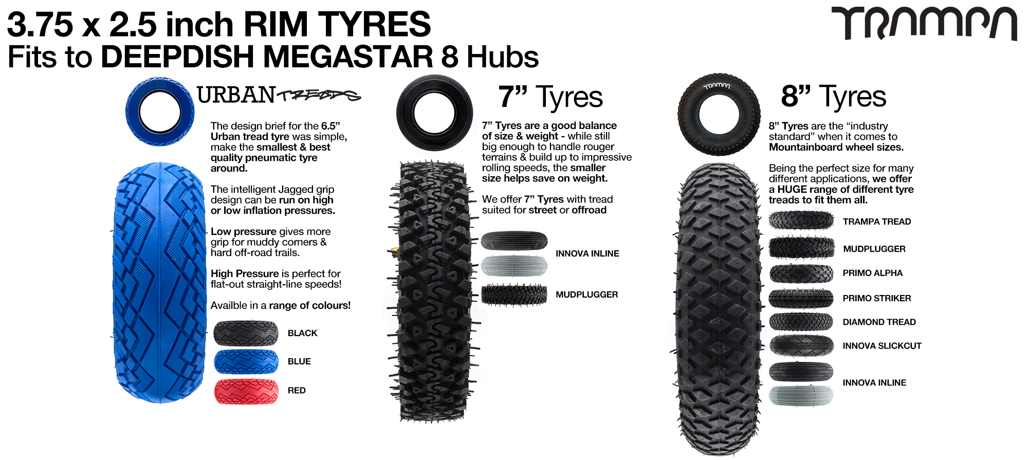 TRAMPA Tyre options for 3.75 x 2.5 Inch Rims - 6 Inch URBANS. 7 Inch Pneumatics & All 8 inch Pneumatics