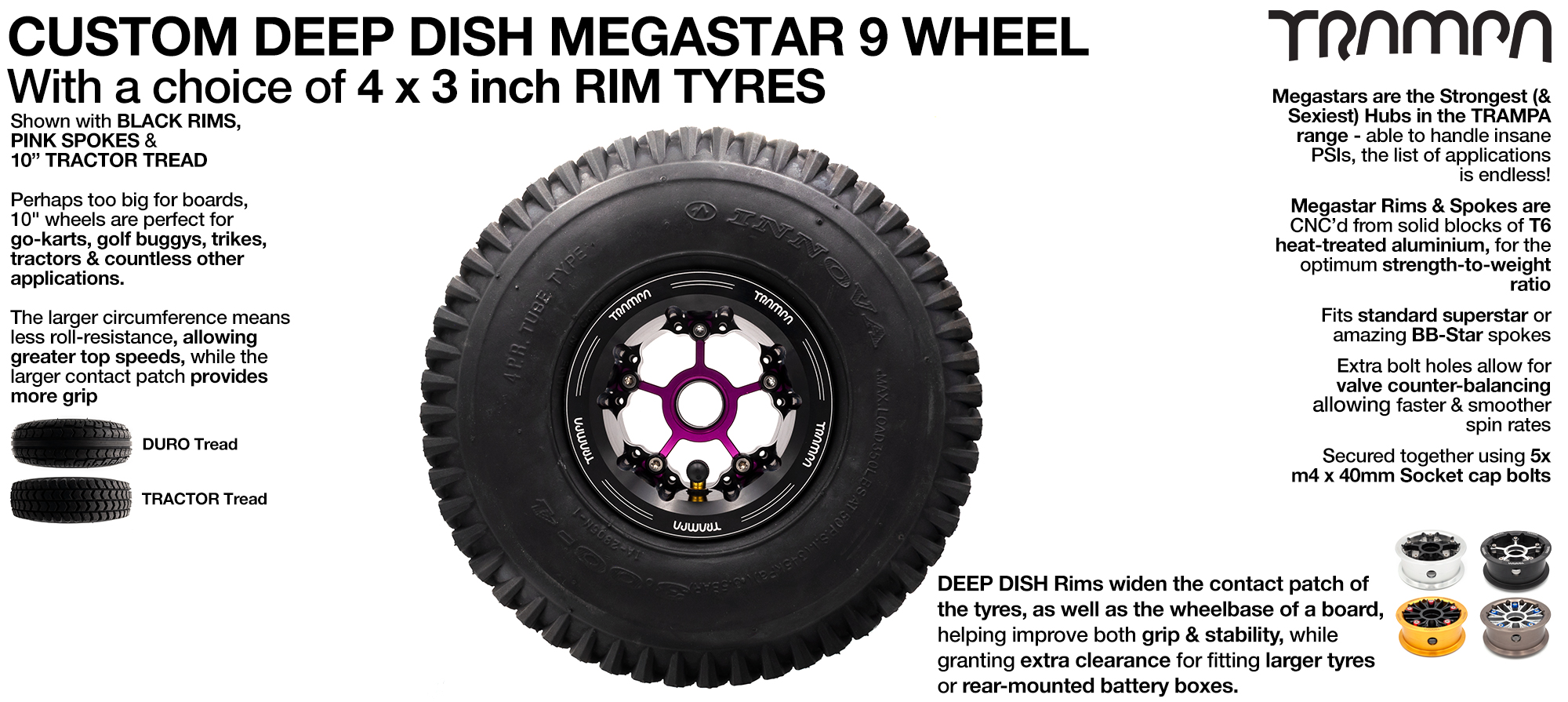 TRAMPA's DEEP-DISH MEGASTAR 9 wheels are of your dreams!! With or without BBStar spokes any combination possible & fits up to 10 inch tyres too!