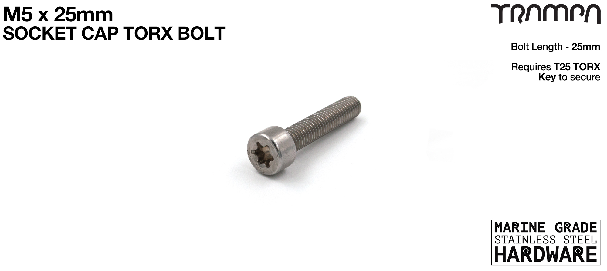 M5 x 25mm TORX Socket Capped TORX Head Bolt ISO 4762 Marine Grade Stainless Steel 
