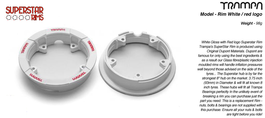Genuine SUPERSTAR CENTER-SET Rim 3.75x 2 Inch fits all 3.75 Inch Tyres - WHITE with Red logo