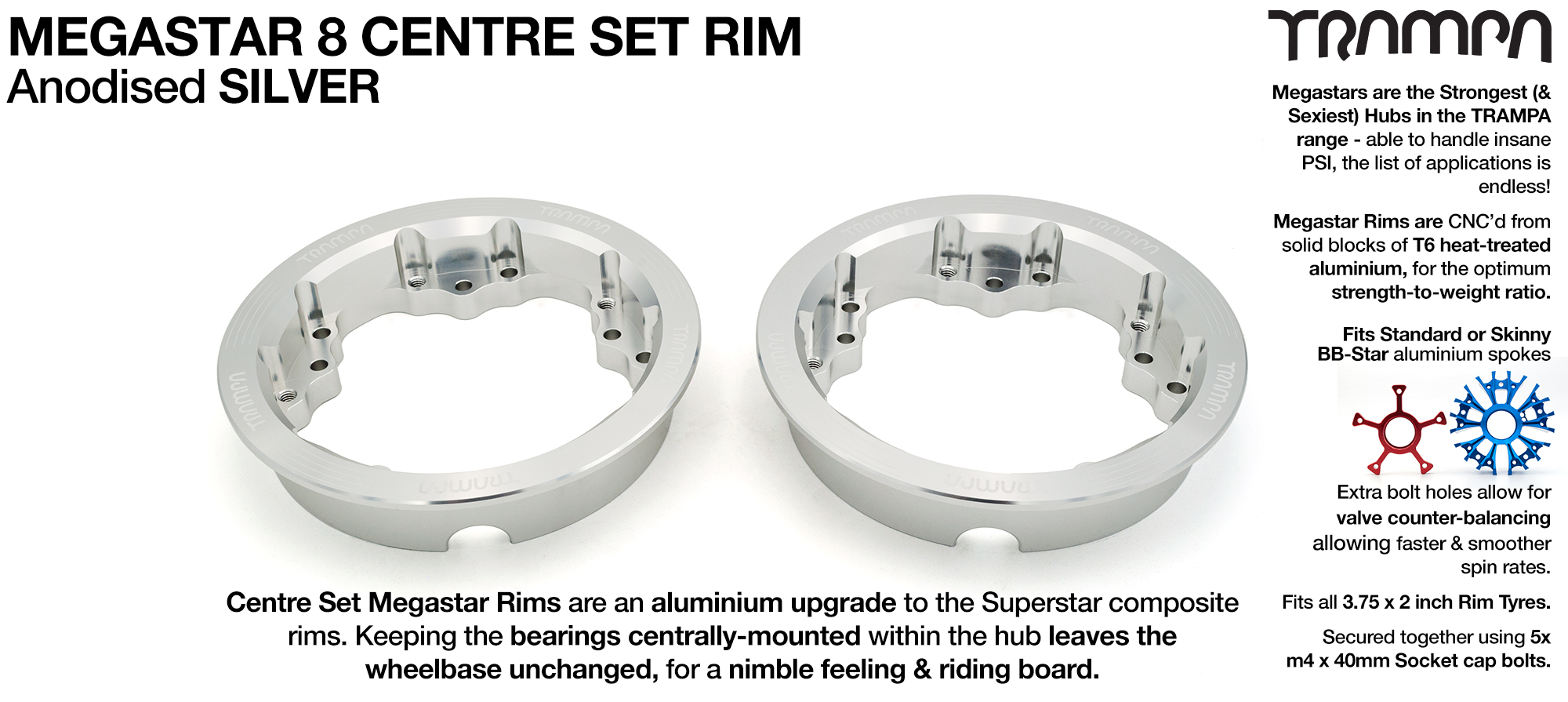 MEGASTAR 8 CS Rims Measure 3.75 x 2 Inch. The bearings are positioned CENTRE-SET & accept all 3.75 Rim Tyres - SILVER