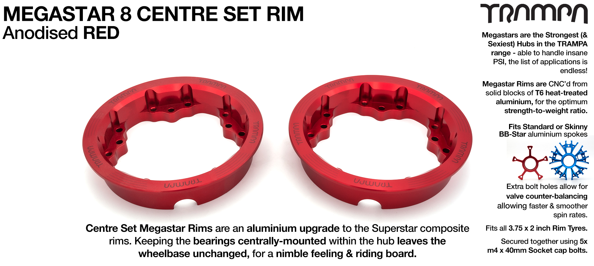 MEGASTAR 8 CS Rims Measure 3.75 x 2 Inch. The bearings are positioned CENTRE-SET & accept all 3.75 Rim Tyres - RED