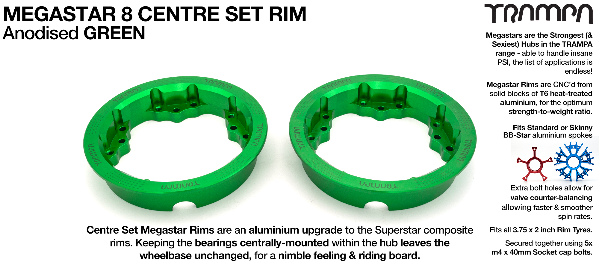 MEGASTAR 8 CS Rims Measure 3.75 x 2 Inch. The bearings are positioned CENTRE-SET & accept all 3.75 Rim Tyres - GREEN 