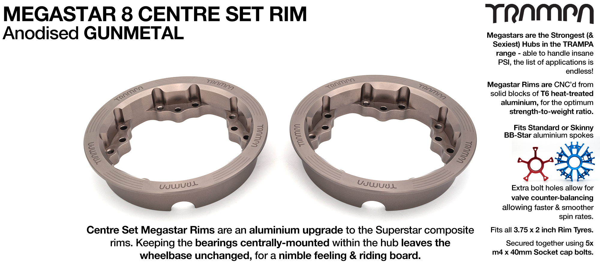 MEGASTAR 8 CS Rims Measure 3.75 x 2 Inch. The bearings are positioned CENTRE-SET & accept all 3.75 Rim Tyres - GUNMETAL