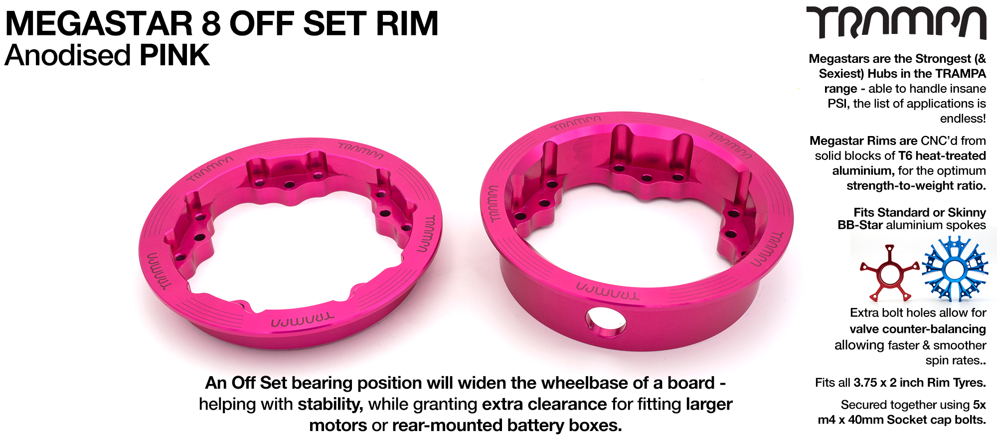MEGASTAR 8 OS Rims Measure 3.75 x 2 Inch. The bearings are positioned OFF-SET widening the wheel base & accept all 3.75 Rim Tyres - PINK