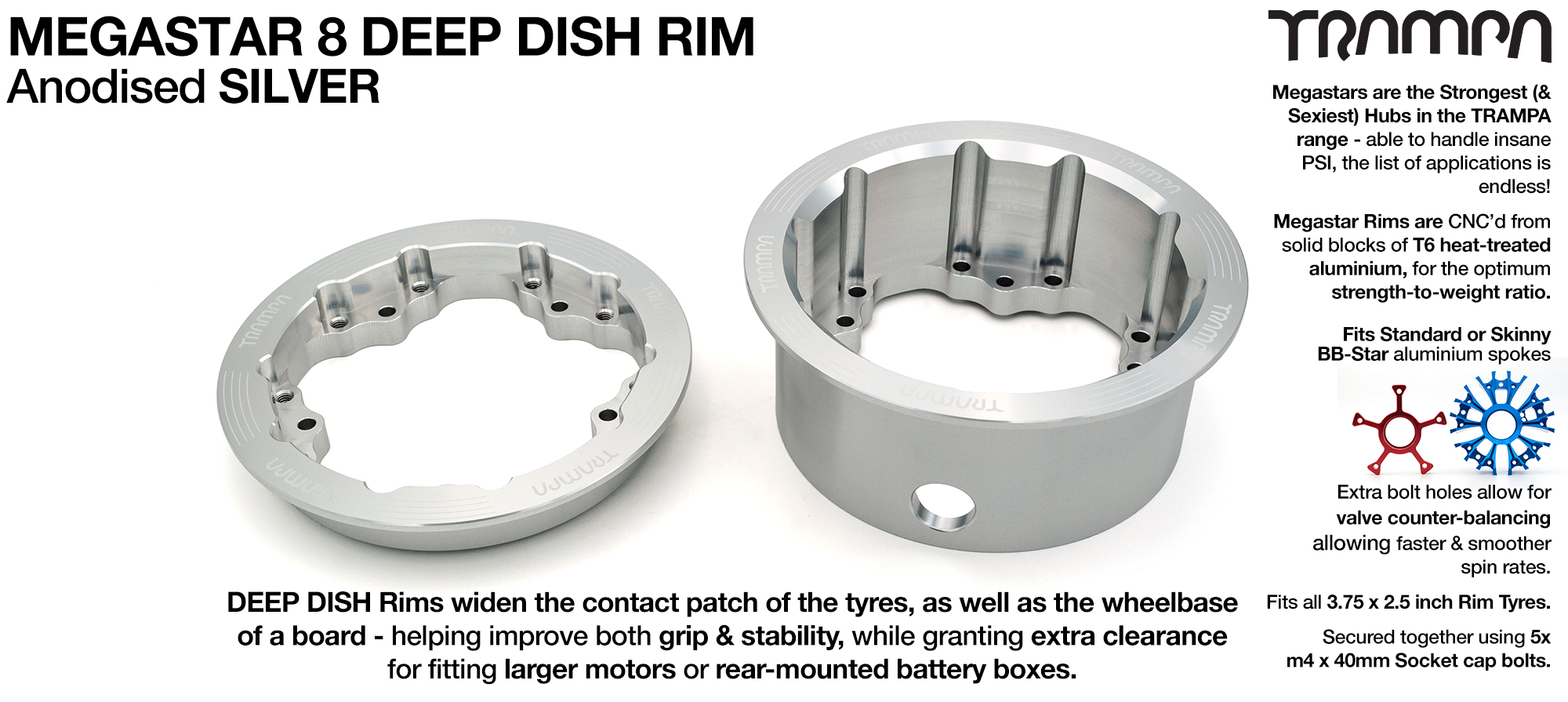 4x MEGASTAR 8 DEEP-DISH Rims Measure 3.75 x 2.5 Inch & accept all 3.75 Rim Tyres - SILVER