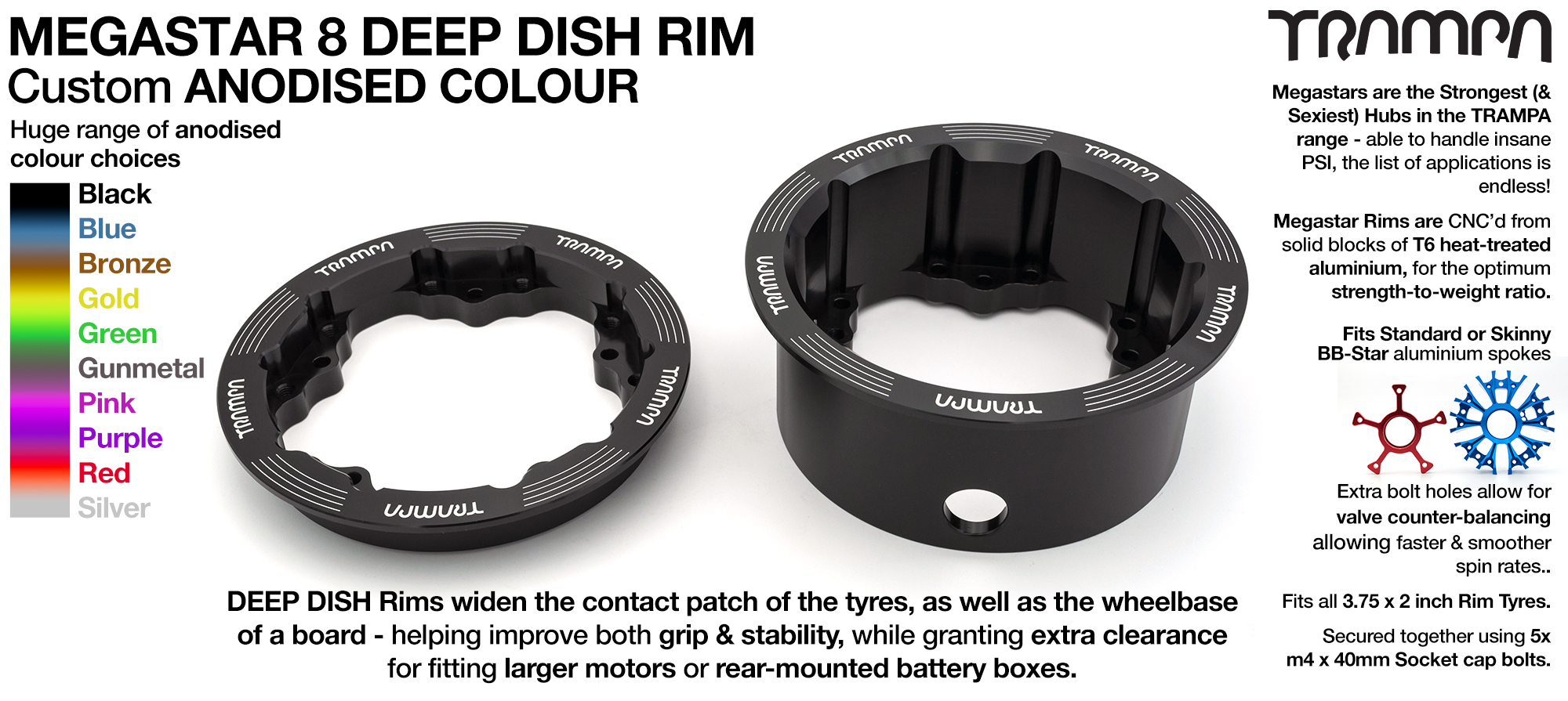4x MEGASTAR 8 DEEP-DISH Rims Measure 3.75 x 2.5 Inch & accept all 3.75 Rim Tyres