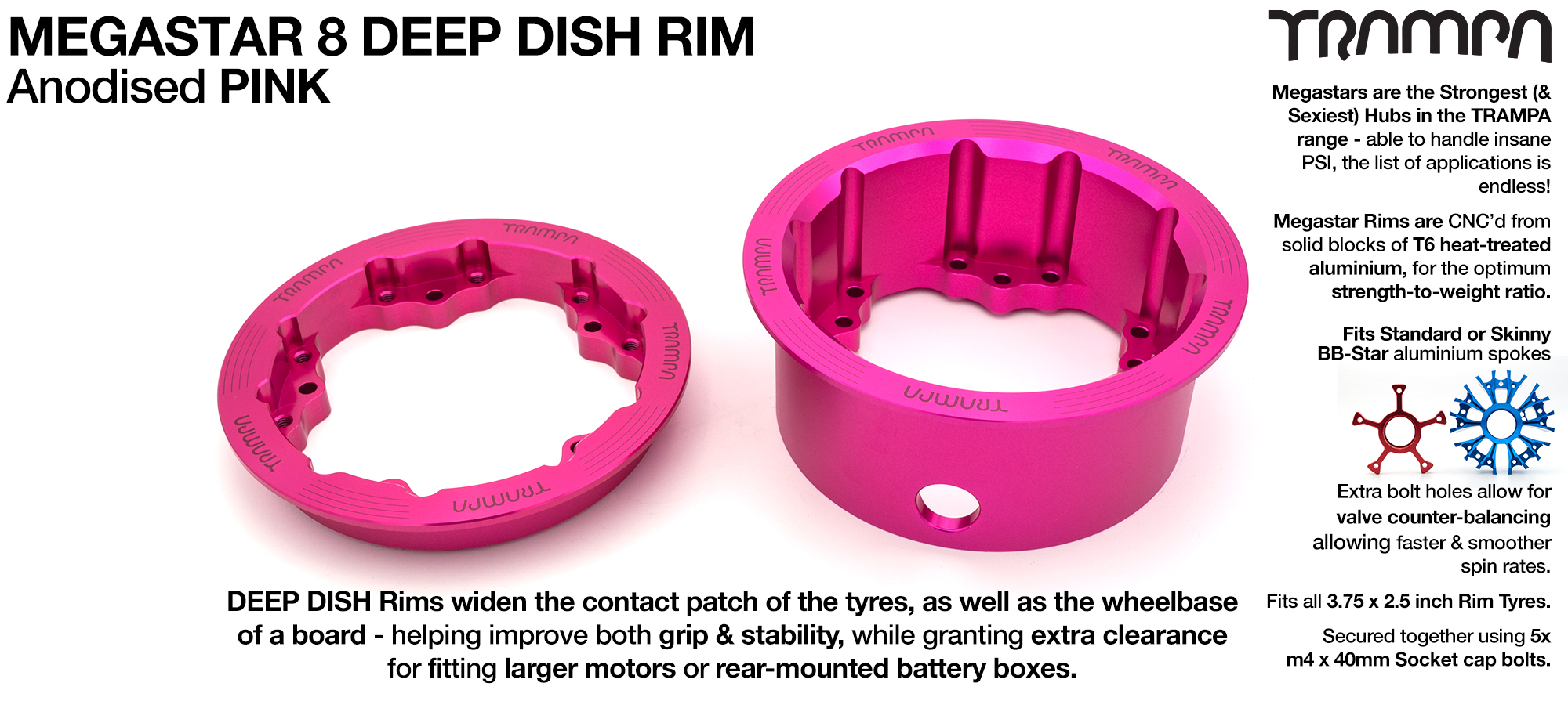MEGASTAR 8 DEEP-DISH Rims Measure 3.75 x 2.5 Inch. The bearings are positioned OFF-SET widening the wheel base & accept all 3.75 Rim Tyres - PINK