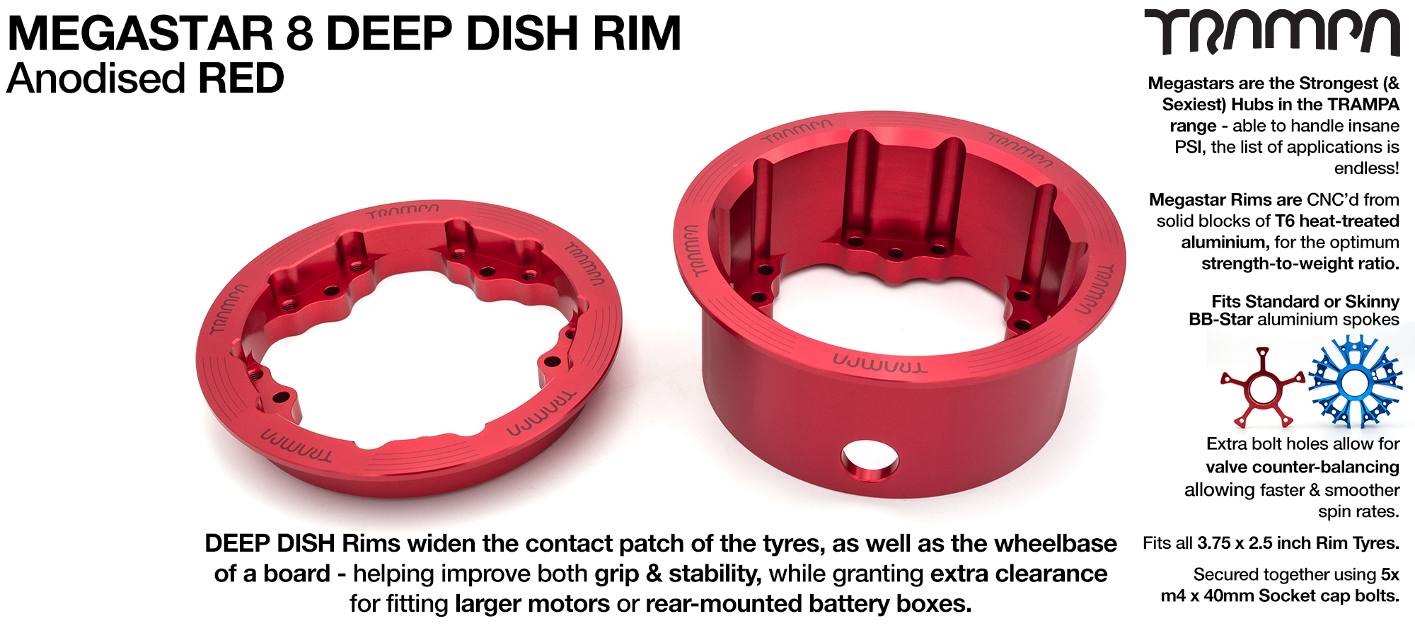 4x MEGASTAR 8 DEEP-DISH Rims Measure 3.75 x 2.5 Inch & accept all 3.75 Rim Tyres - RED
