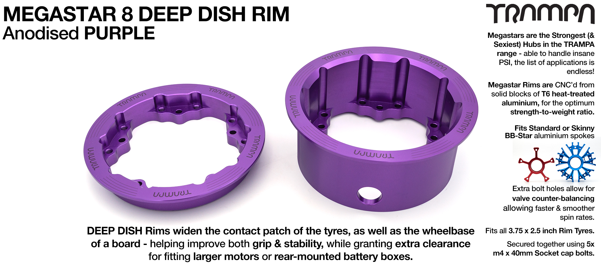 MEGASTAR 8 DEEP-DISH Rims Measure 3.75 x 2.5 Inch. The bearings are positioned OFF-SET widening the wheel base & accept all 3.75 Rim Tyres - PURPLE 