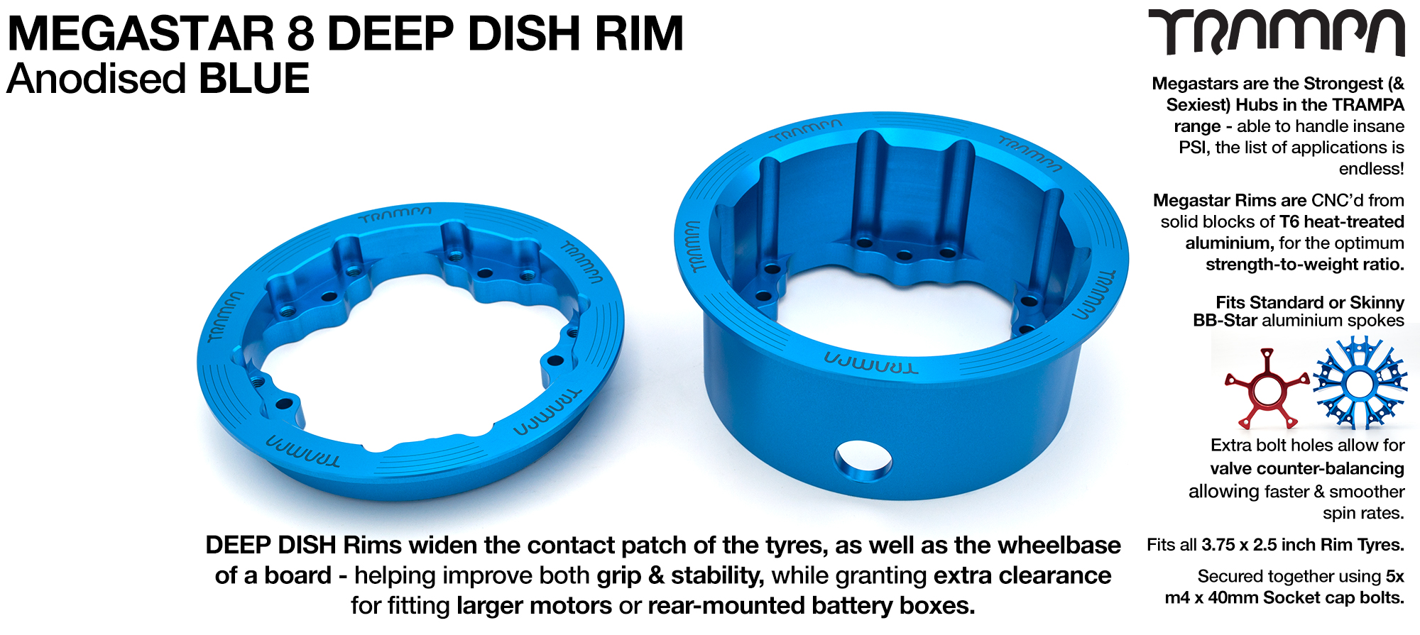 MEGASTAR 8 DEEP-DISH Rims Measure 3.75 x 2.5 Inch & accept all 3.75 Rim Tyres - BLUE - SET OF 4  