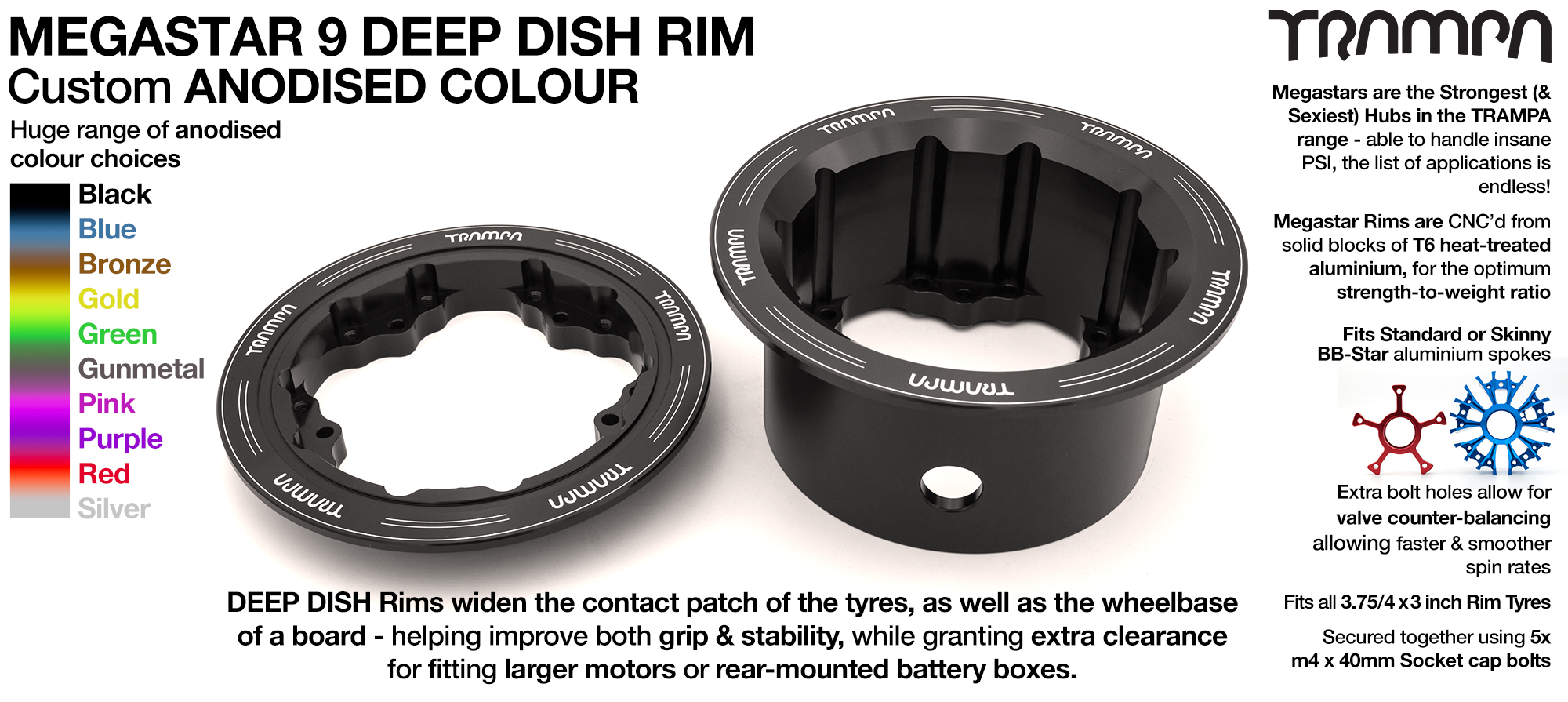 4x MEGASTAR 9 DEEP-DISH Rims Measure 3.75/4x 3 Inch & accept 4 Inch Rim Tyres to make 9 or 10 inch Wheels