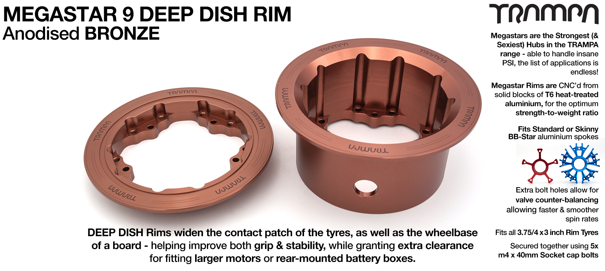 MEGASTAR 9 DEEP-DISH Rims Measure 3.75/4x 3 Inch. The Bearings are positioned OFF-SET & accept 4 Inch Rim Tyres to make 9 or 10 inch Wheels - BRONZE