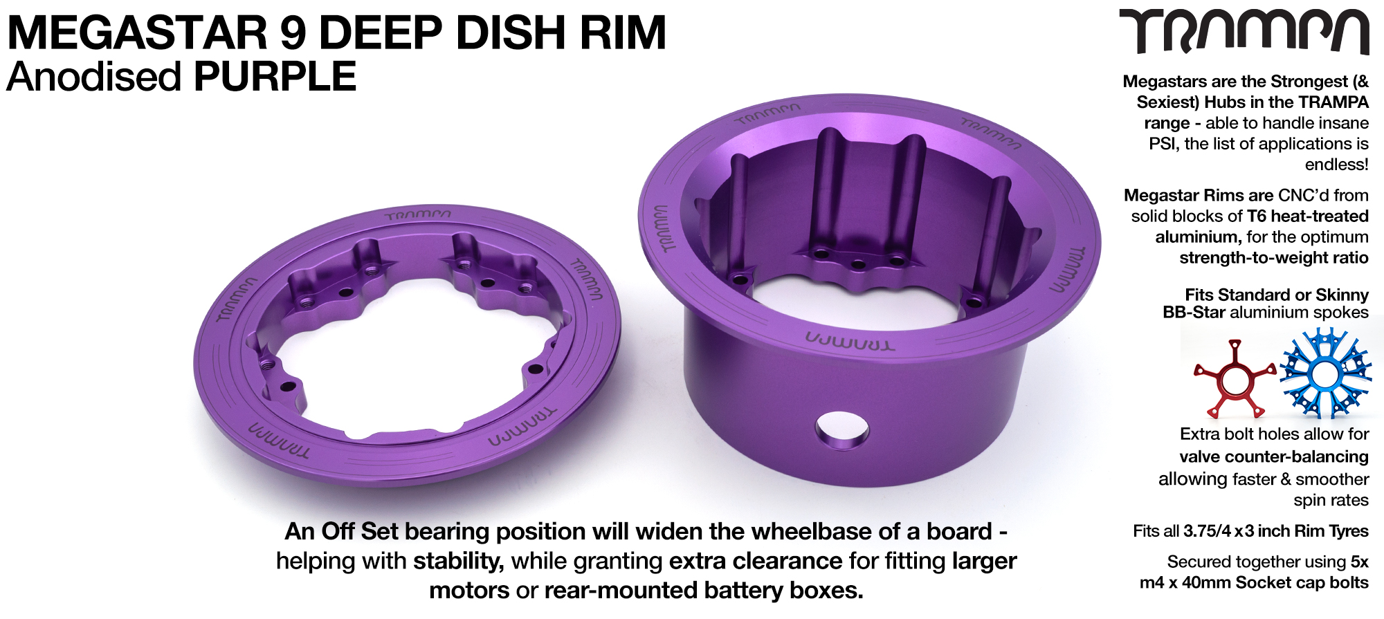 MEGASTAR 9 DEEP-DISH Rims Measure 3.75/4x 3 Inch. The Bearings are positioned OFF-SET & accept 4 Inch Rim Tyres to make 9 or 10 inch Wheels - PURPLE