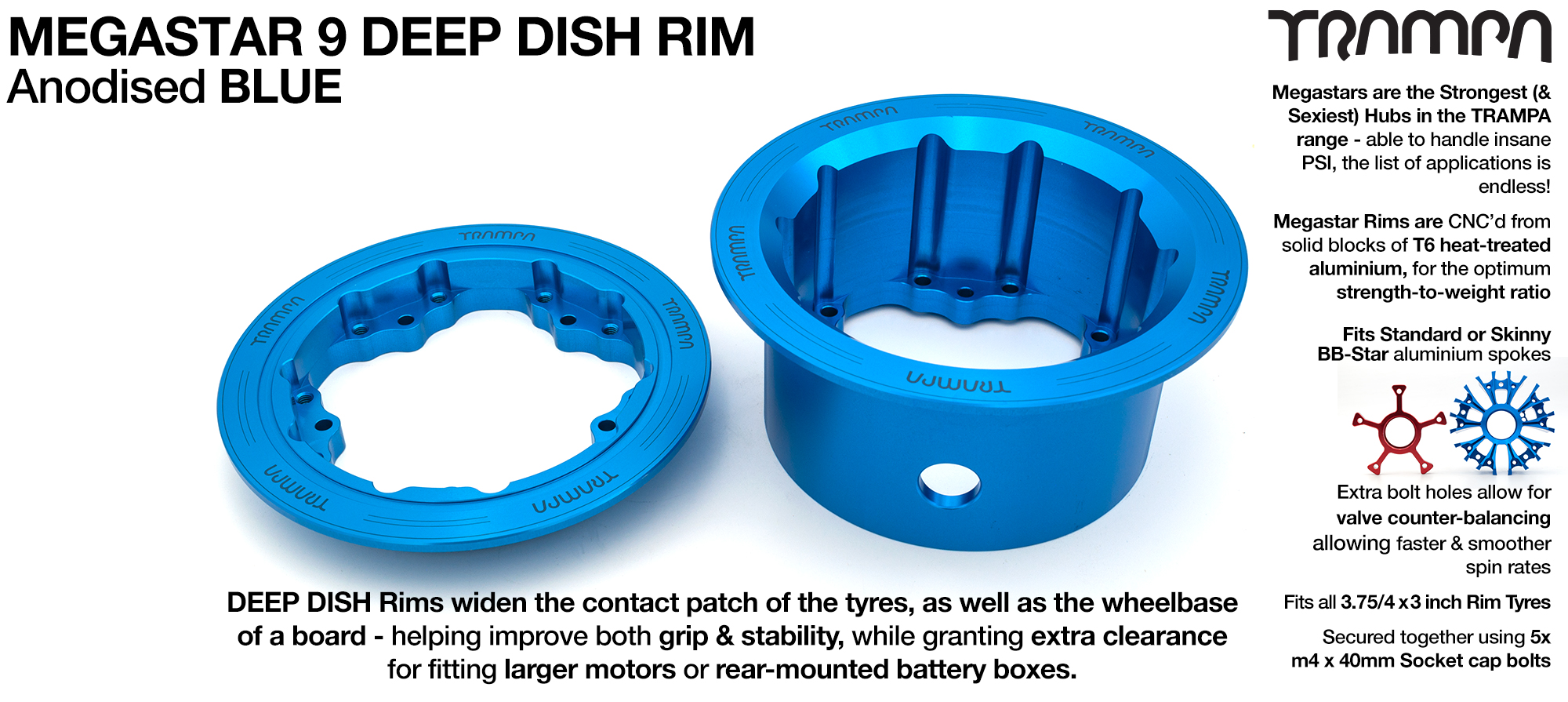 MEGASTAR 9 DEEP-DISH Rims Measure 3.75/4x 3 Inch. The Bearings are positioned OFF-SET & accept 4 Inch Rim Tyres to make 9 or 10 inch Wheels - BLUE