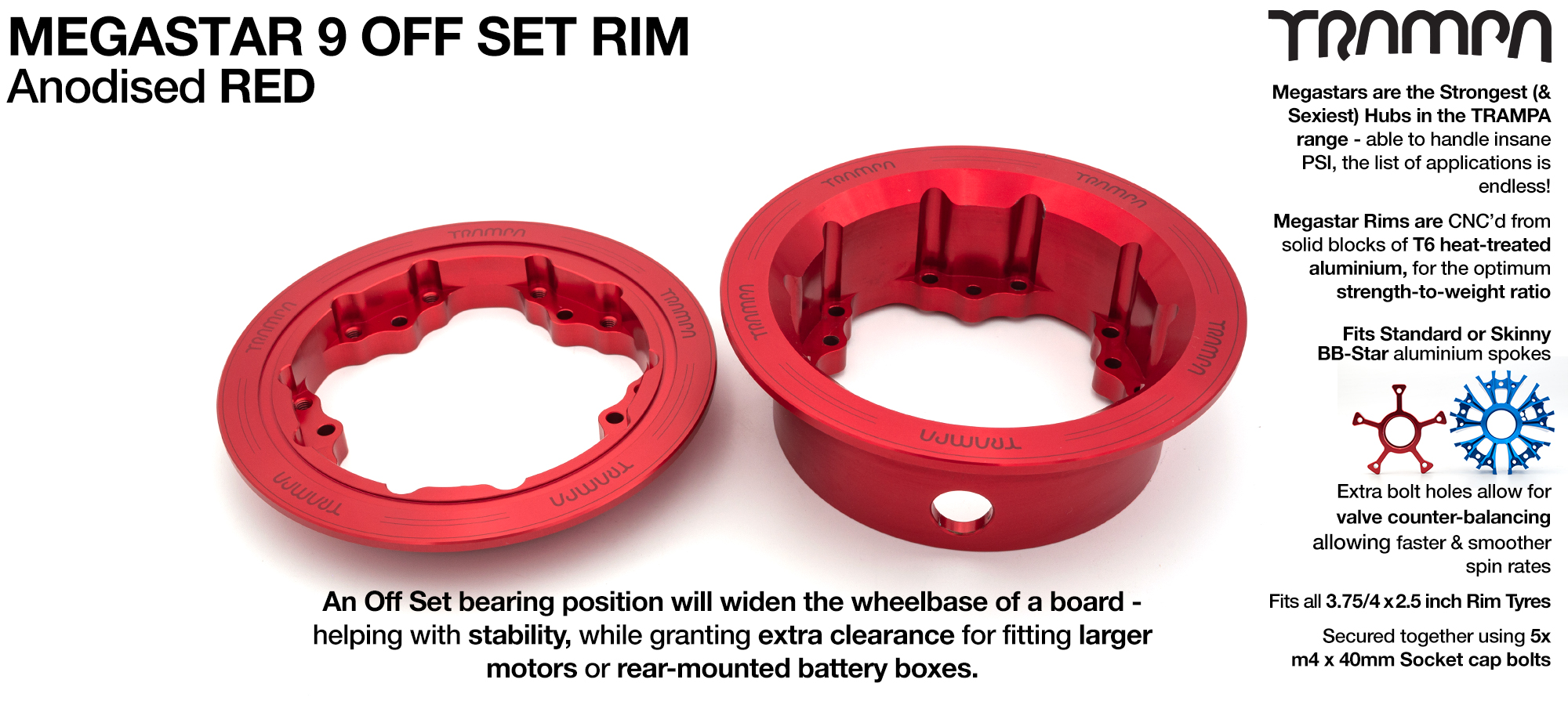 MEGASTAR 9 Rims Measure 3.75/4x 2.5 Inch & the bearings are positioned OFF-SET & accept 3.75 & 4 Inch Rim Tyres - RED