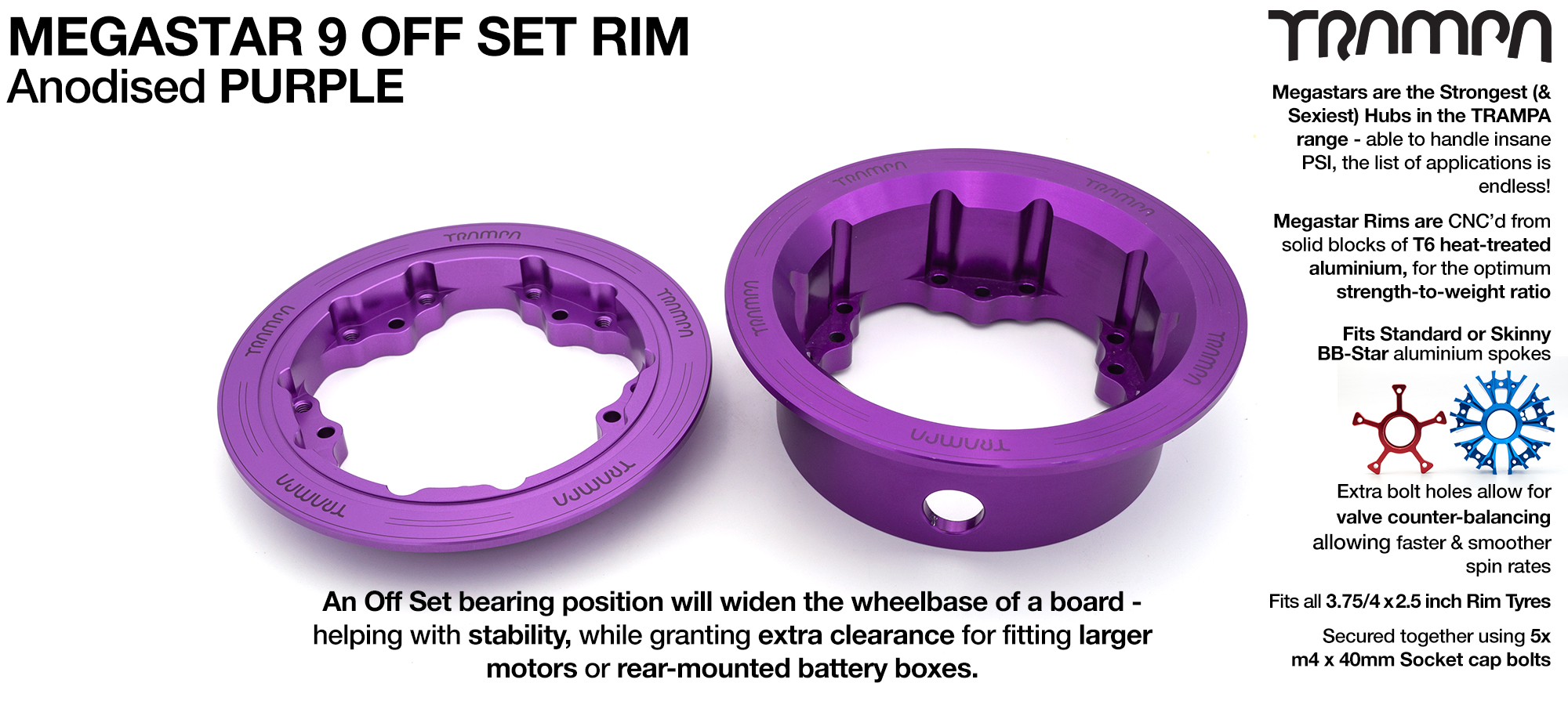 MEGASTAR 9 Rims Measure 3.75/4x 2.5 Inch & the bearings are positioned OFF-SET & accept 3.75 & 4 Inch Rim Tyres - PURPLE