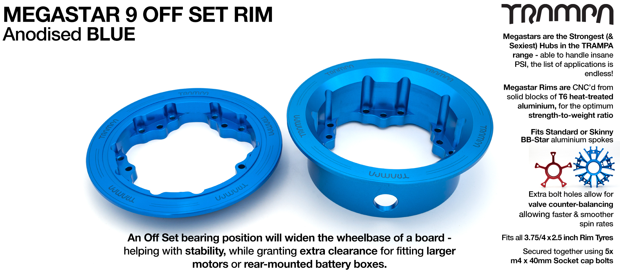 MEGASTAR 9 Rims Measure 3.75/4x 2.5 Inch & the bearings are positioned OFF-SET & accept 3.75 & 4 Inch Rim Tyres - BLUE