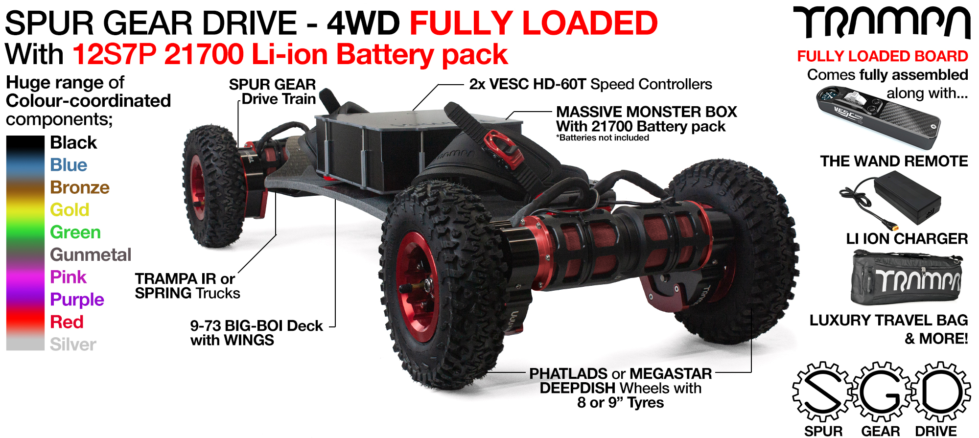 4WD SPUR GEAR DRIVE BIGBOI 21700 Battery pack in Massive Box with 2x VESC HD-60T FULLY LOADED TRAMPA Electric Mountainboard 