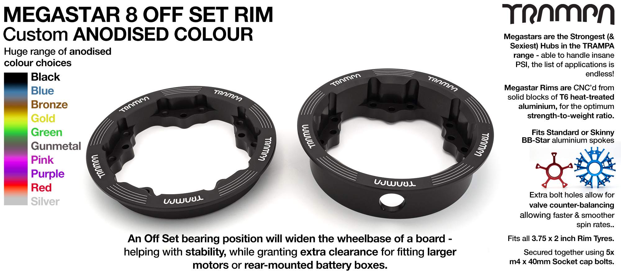 MEGASTAR 8 Off-Set Rims Measure 3.75 x 2 Inch & accept all 3.75 Rim Tyres