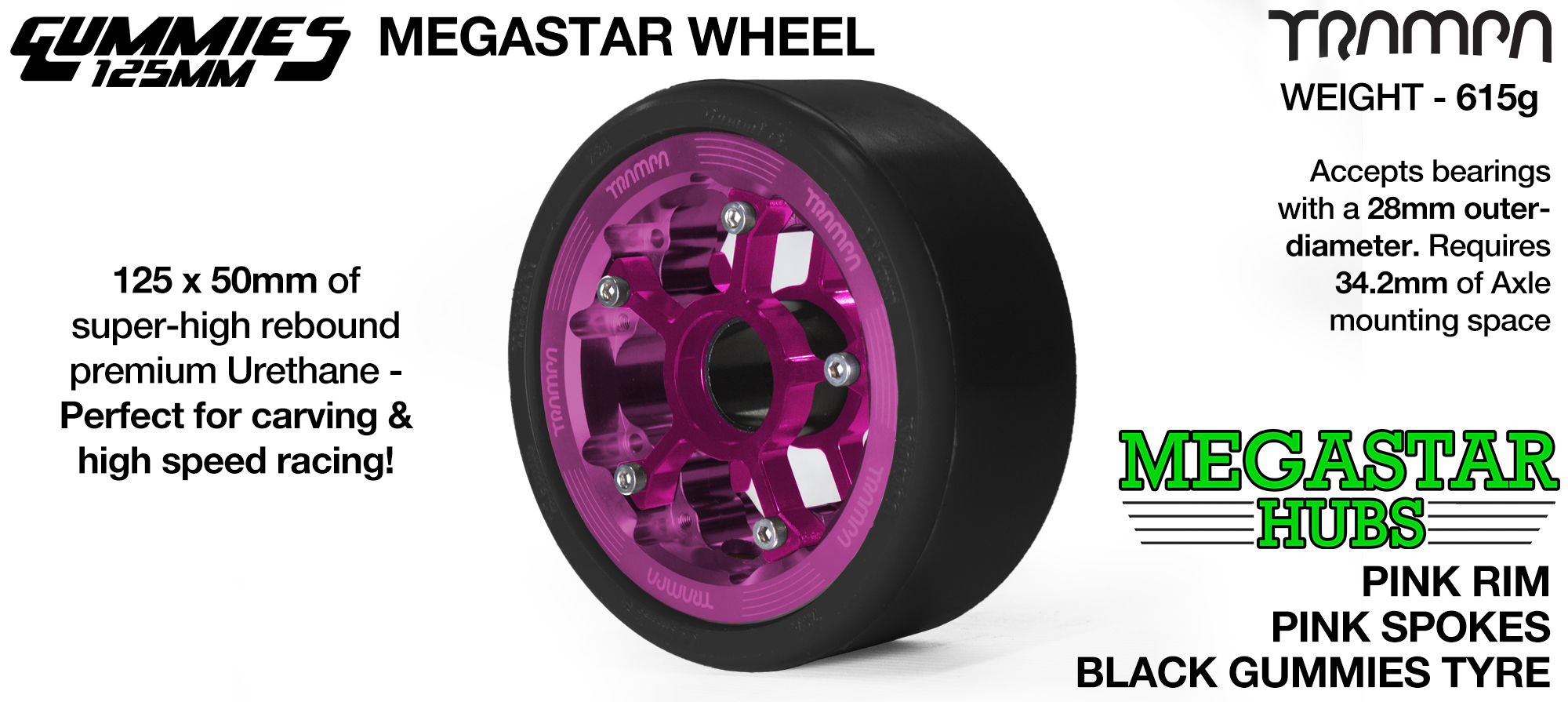 PINK OFF-SET MEGASTAR 8 Rim with PINK Spokes & BLACK Gummies  - The Ultimate Longboard Wheel 
