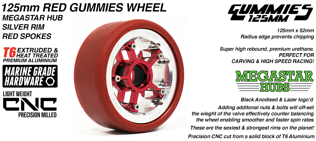 POLISHED OFF-SET MEGASTAR 8 Rim with RED Spokes & RED Gummies - The Ulrimate Longboard Wheel