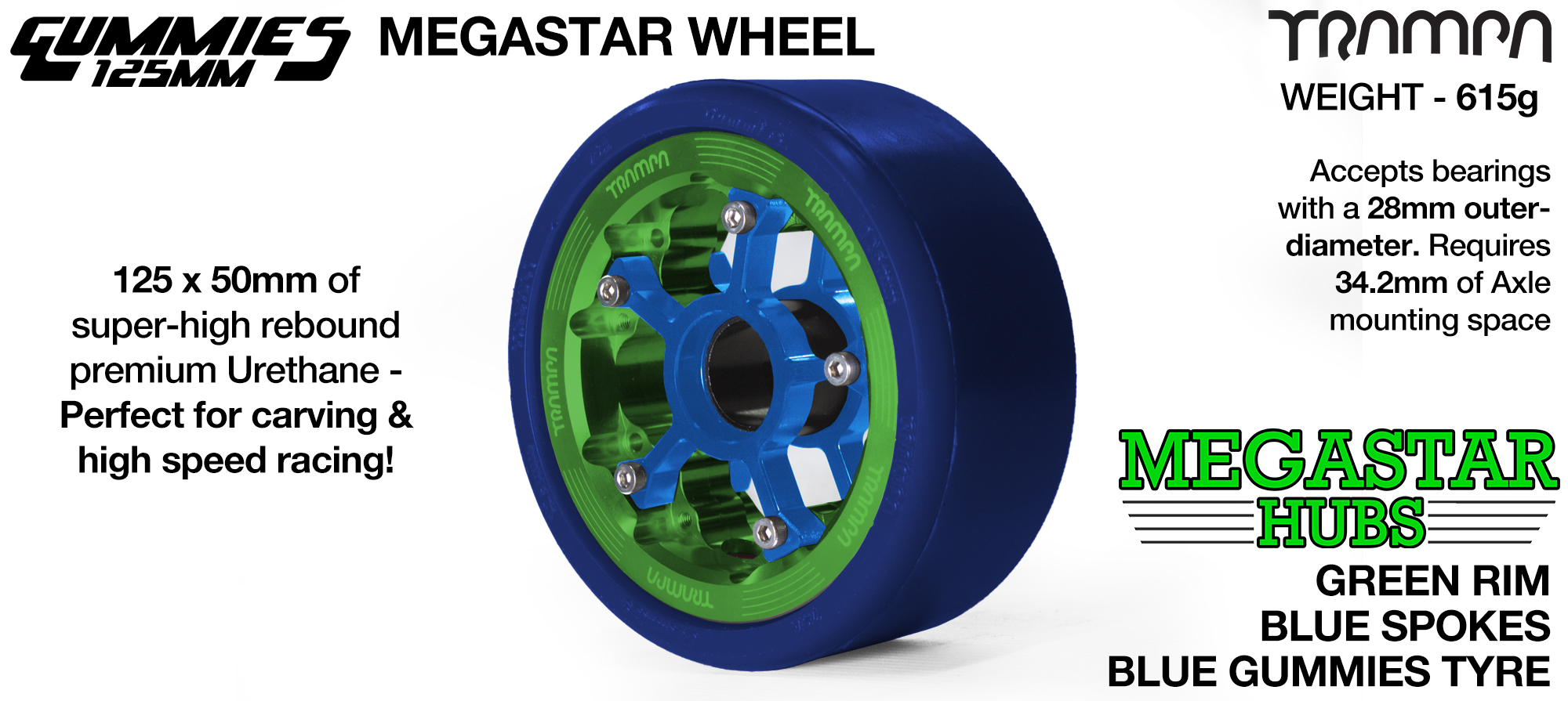 GREEN OFF-SET MEGASTAR 8 Rim with BLUE Spokes with BLUE Gummies - The Ulrimate Longboard Wheel