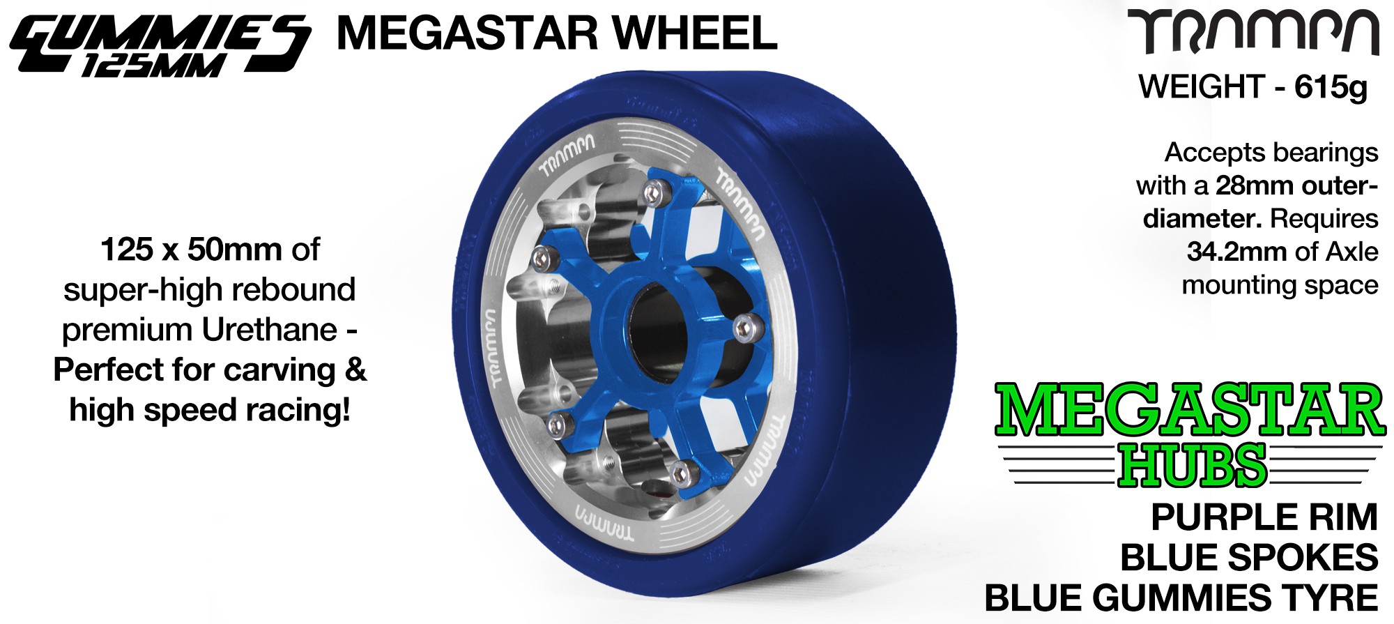 POLISHED OFF-SET MEGASTAR 8 Rim with BLUE Spokes with BLUE Gummies   - The Ulrimate Longboard Wheel 