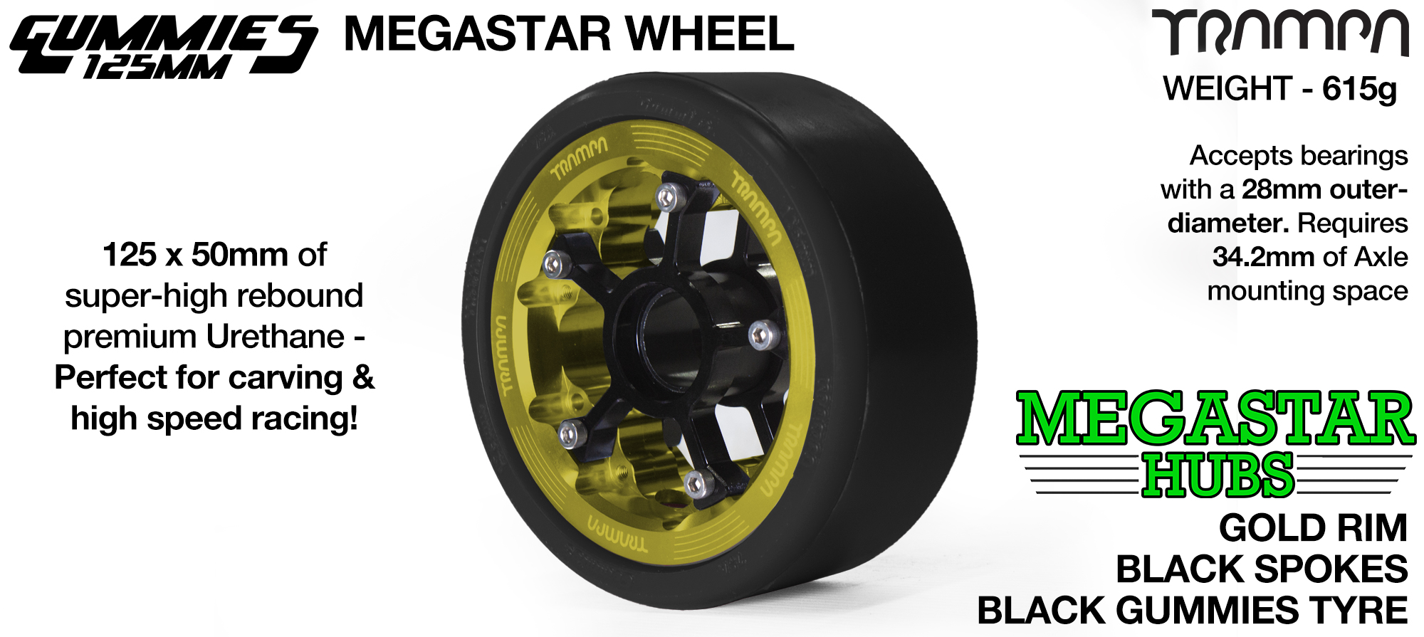 GOLD OFF-SET MEGASTAR 8 Rim with BLACK Spokes with BLACK Gummies    - The Ultimate Longboard Wheel 
