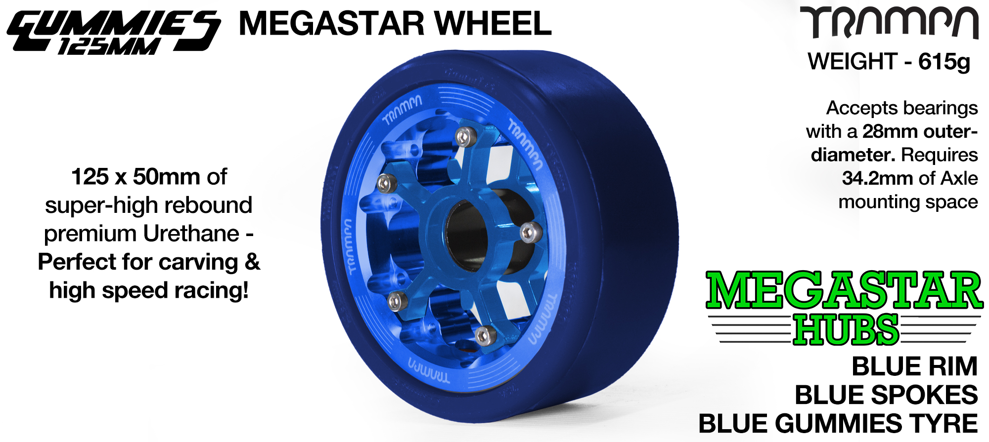 BLUE OFF-SET MEGASTAR 8 Rim with BLUE Spokes with BLUE Gummies   - The Ultimate Longboard Wheel 