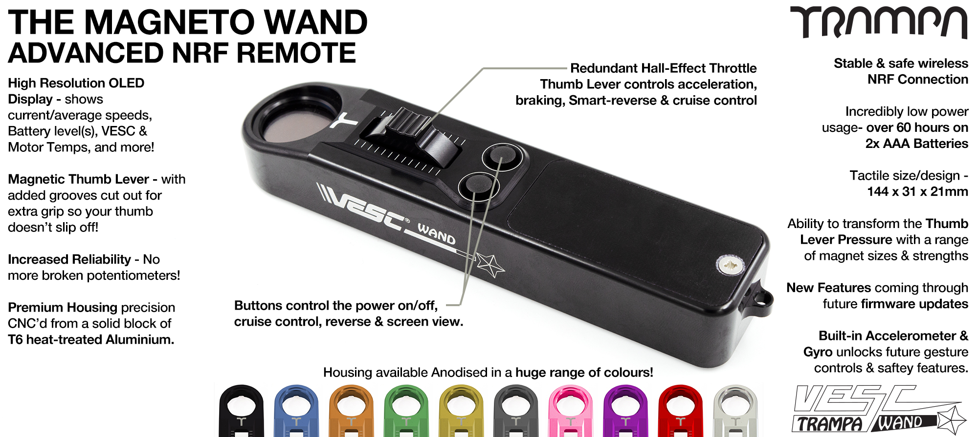 TRAMPA WAND MAGNETO Remote Control - VESC Based remote gives all the control you could ever wish for 