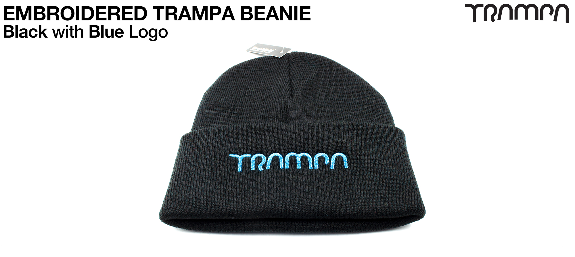 BLACK Woolie hat with BLUE TRAMPA logo  - Double thick turn over for extra warmth 