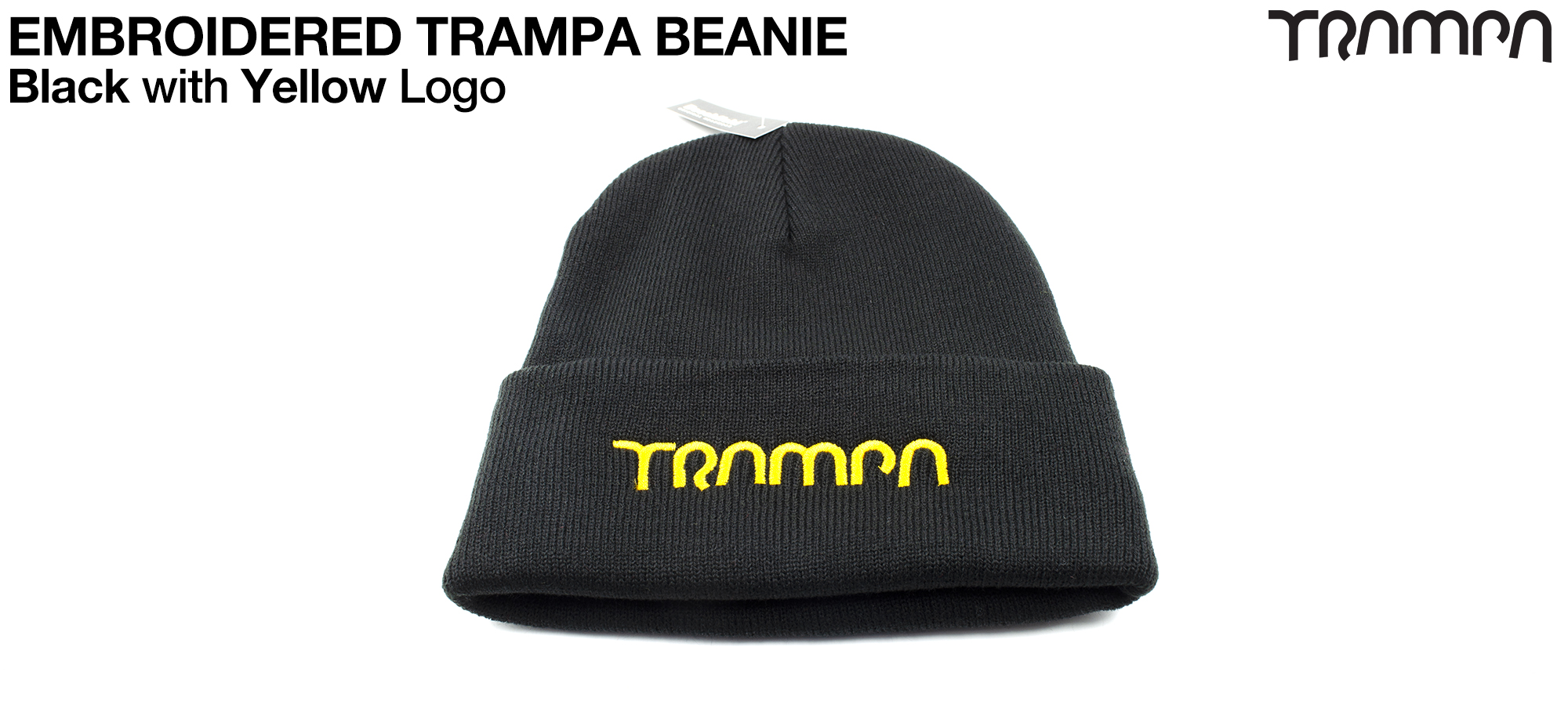 BLACK Woolie hat with YELLOW TRAMPA logo  - Double thick turn over for extra warmth 