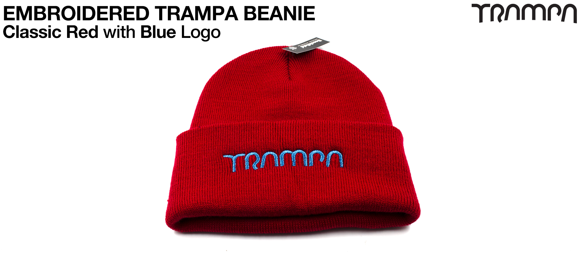 Classic RED Woolly hat with Electric BLUE embroidered TRAMPA logo - Double thick turn over for extra warmth 