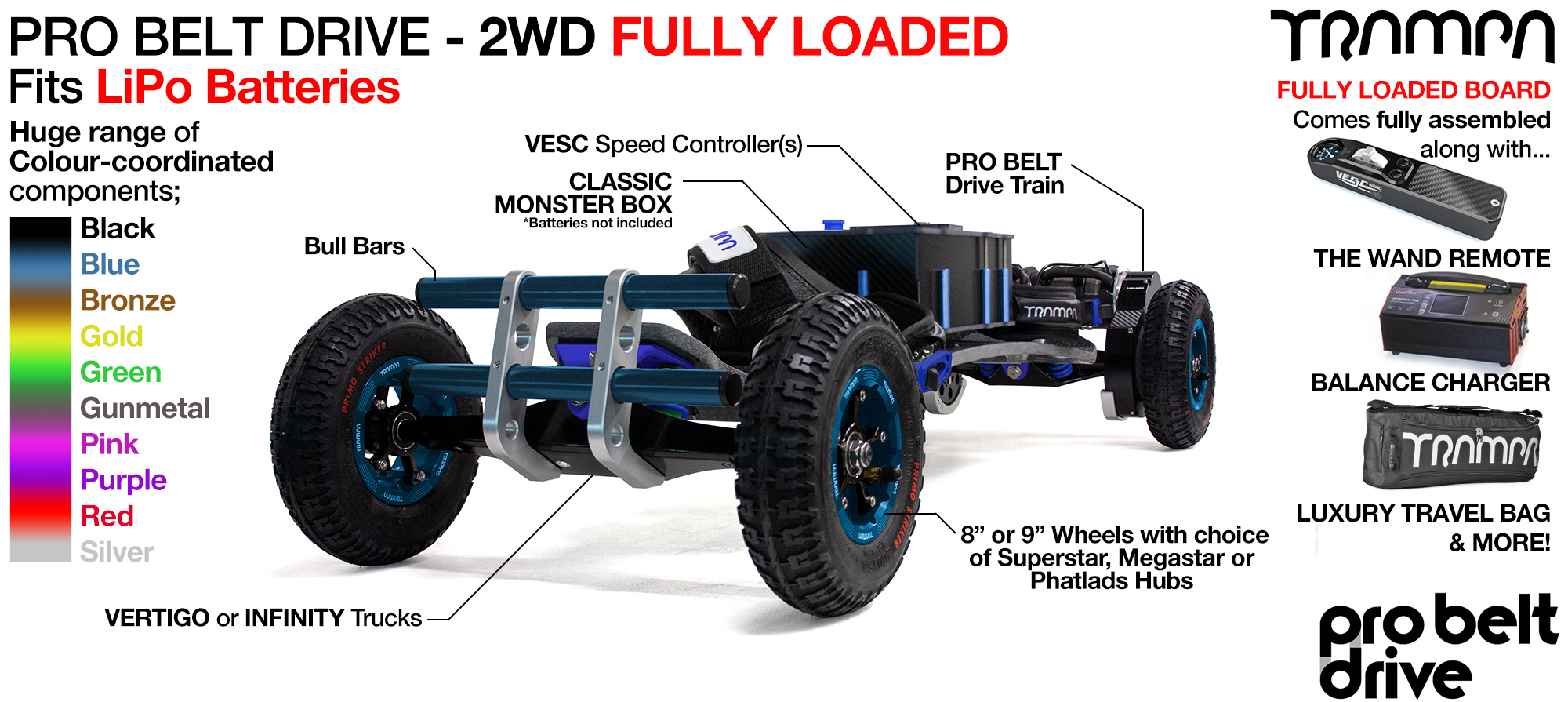 TRAMPA 16mm PRO Belt Drive Electric mountainboard FULLY LOADED DOUBLE STACK to fit 4x 20Ah Li-Po Cells with The WAND, TWIN 12s ULTRA POWER Charger & Bull Bars