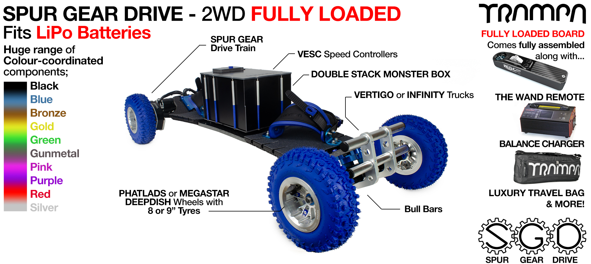 LONG RANGER - 2WD SPUR GEAR DRIVE Electric Mountainboard - FULLY LOADED DOUBLE STACK Classic box - Fits 4x Li-Po's 