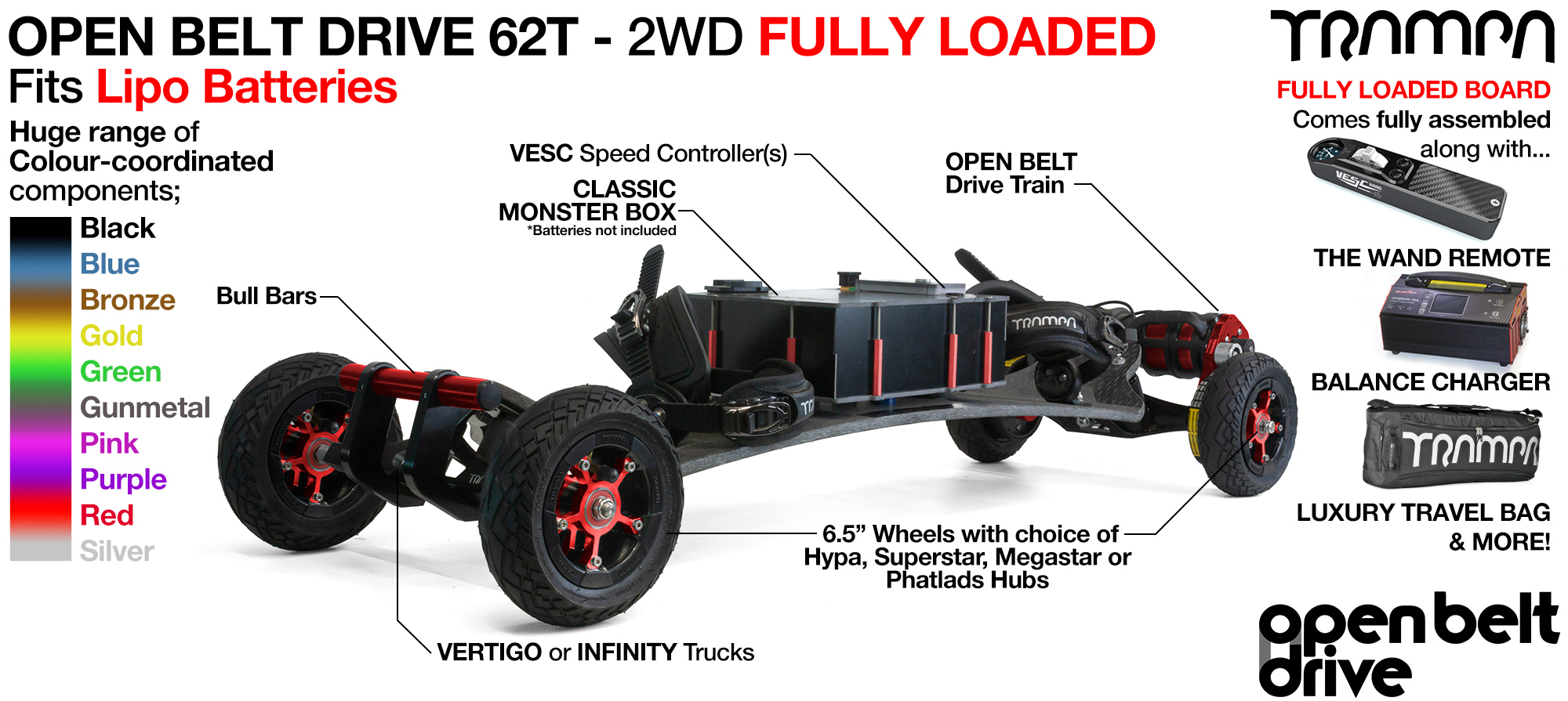 2WD 66T Open Belt Drive TRAMPA Electric Mountainboard with 6 Inch URBAN TREADs Wheels & 62 Tooth Pulleys - FULLY LOADED DOUBLE STACK Li-Po