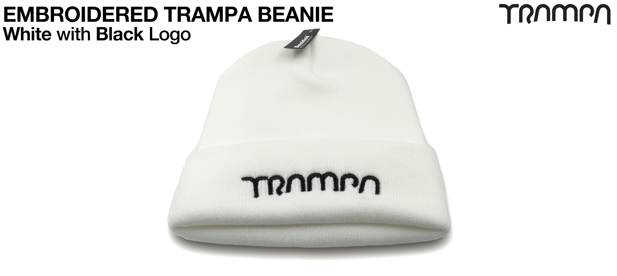 Snow WHITE Woolly hat with BLACK Embroidered TRAMPA logo - Double thick turn over for extra warmth