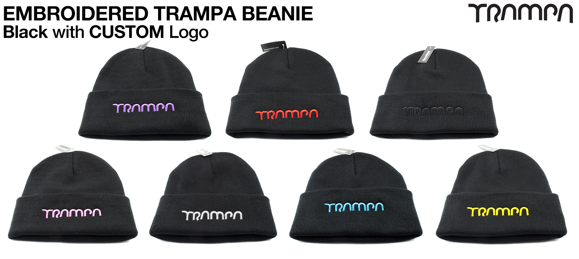 BLACK Beanie with EMBROIDERED TRAMPA logo   - Double thick turn over for extra warmth 