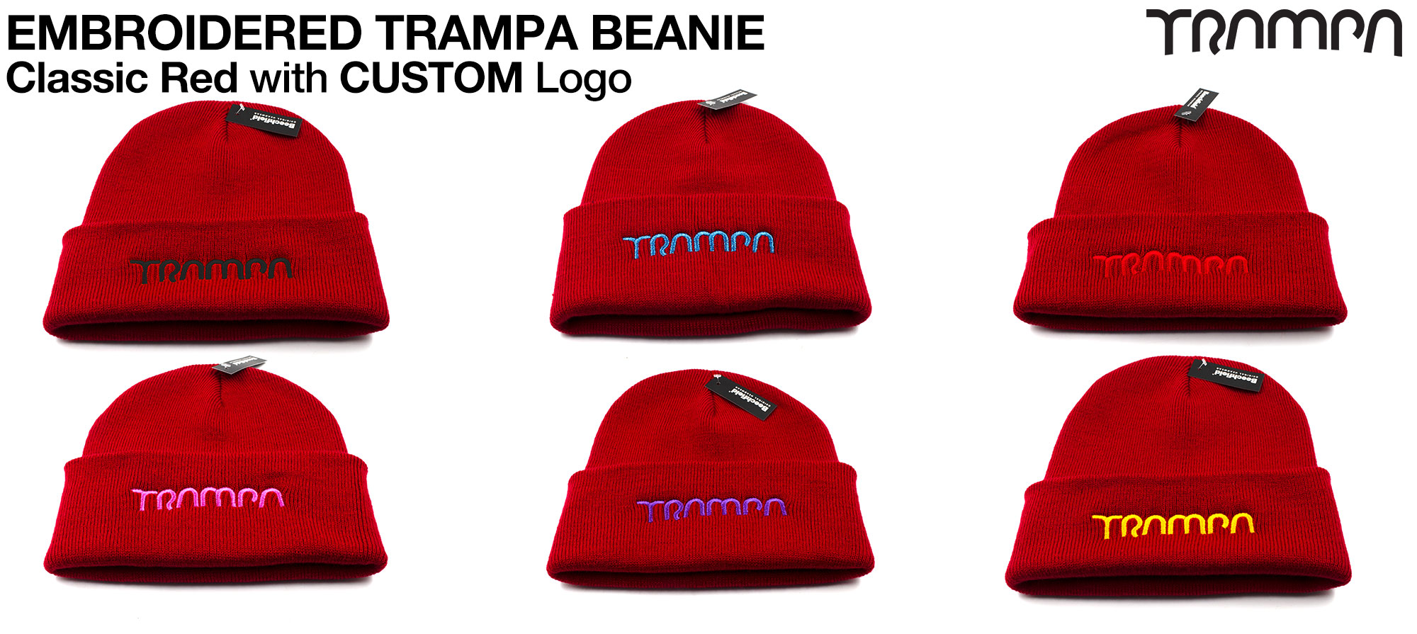 Classic RED Beanie with EMBROIDERED TRAMPA logo - Double thick turn over for extra warmth 