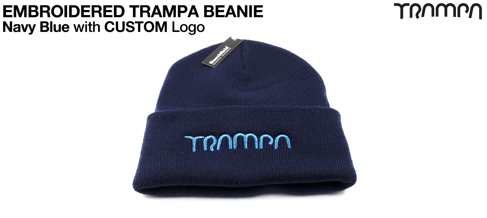 Navy BLUE Beanie with Black TRAMPA logo 