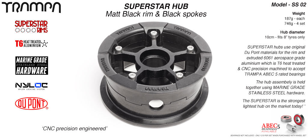 SUPERSTAR Hub 3.75 x 2 Inch - Matt Black Rim with Black aodised Spokes & Marine Grade Stainless Steel Bolt kit