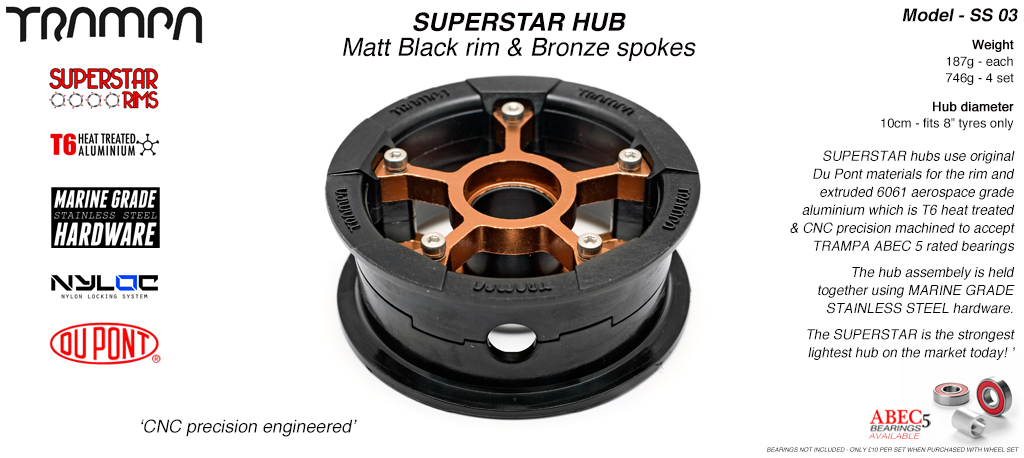 SUPERSTAR Hub 3.75 x 2 Inch - Matt Black Rim with Bronze anodised Spokes & Marine Grade Stainless Steel Bolt kit
