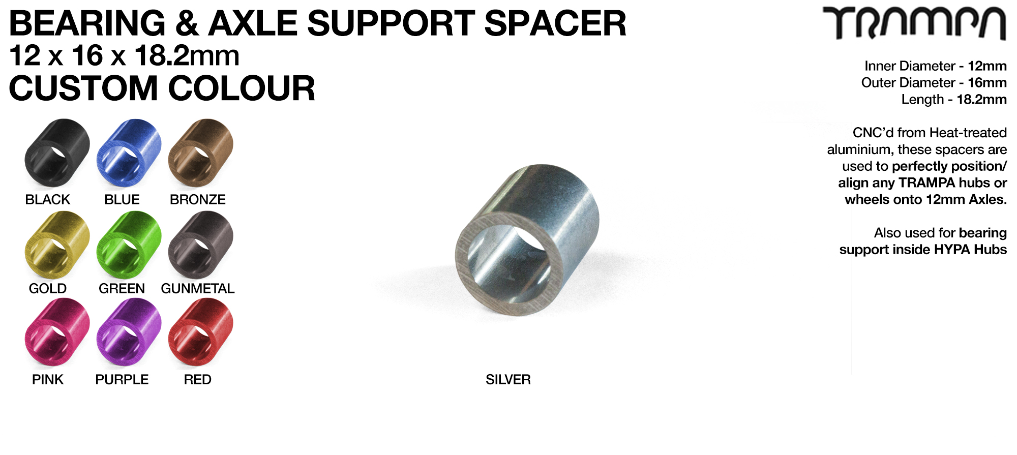 Wheel support spacer for all TRAMPA Wheels on 12mm ATB Axles - CNC precision 12mm x 16mm x 18.2mm - CUSTOM