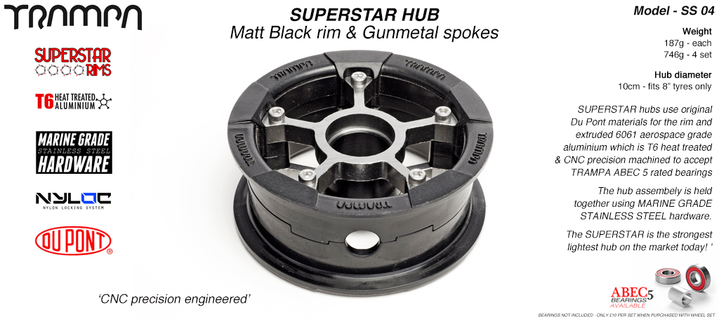 SUPERSTAR Hub 3.75 x 2 Inch - Matt Black Rim with Gunmetal anodised Spokes & Marine Grade Stainless Steel Bolt kit