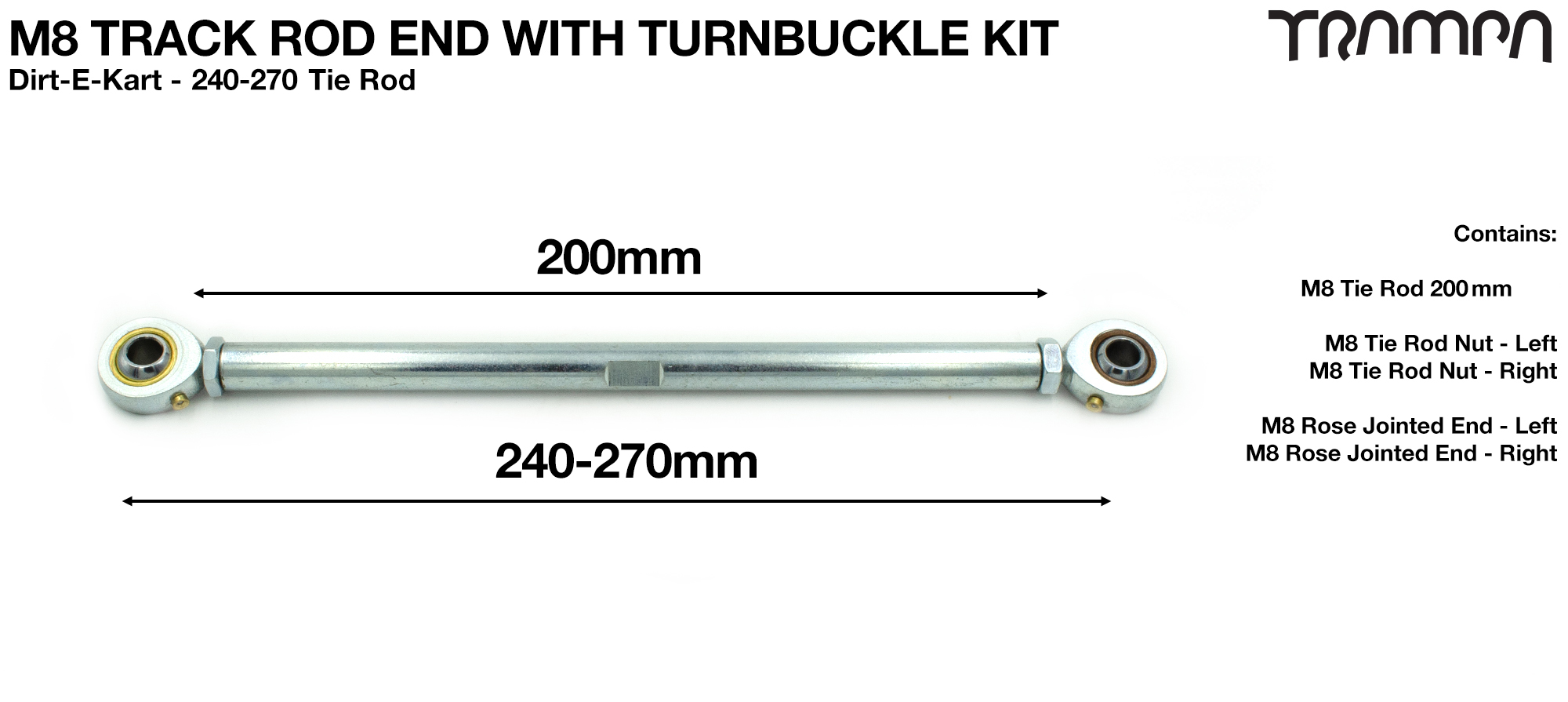 Rose Jointed M8 Track Rod End with Turnbuckle Adjustment 240-270mm x1